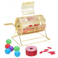 Brass plated metal raffle drum with wooden handle, colorful balls, and red tickets included.