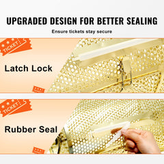 Brass-plated metal raffle drum with latch lock, rubber seal, and ticket-holding capacity.