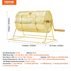 Brass plated metal raffle drum with wooden handle and perforated design for 2500 tickets or 100 balls