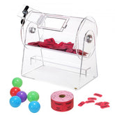 Transparent acrylic raffle drum with spinning cage holding red tickets, plus colored balls and tape.