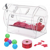 Large transparent acrylic raffle drum with dual-bearing support and lockable door.