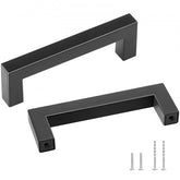 Matte black stainless steel cabinet pulls with square design and 96mm spacing.