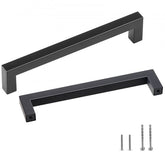 Ten matte black stainless steel cabinet pulls with 128mm centers and included screws.