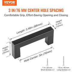 Matte black stainless steel cabinet pulls with 3in spacing and square grip for easy access.