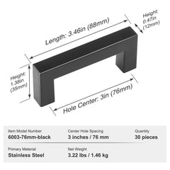 Matte black stainless steel cabinet pulls with 3in spacing and square grip for easy access.