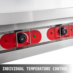 Stainless steel 3-pot electric food warmer with individual temperature controls and foldable side table.