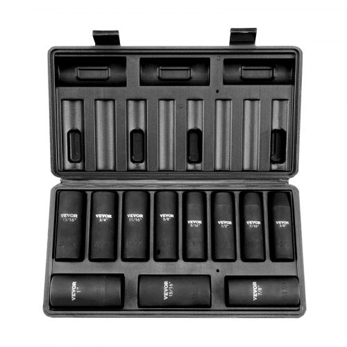 An 11-piece SAE deep impact socket set in a black plastic case.