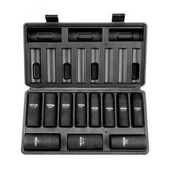 An 11-piece SAE deep impact socket set in a black plastic case.