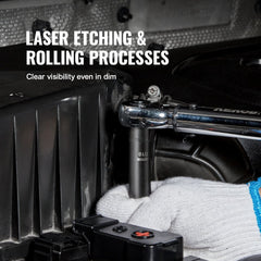 A person uses a deep impact socket with a ratchet on an engine component.