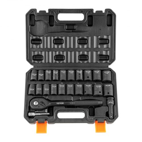 23-piece Bostome impact socket set in Cr-V alloy steel with a metal storage case.