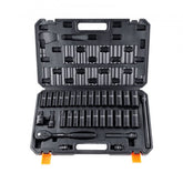 33-piece impact socket set in a metal toolbox, featuring Cr-V alloy steel and laser-etched markings.