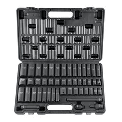 Bostome 48-piece impact socket set in Cr-V steel with SAE and metric sizes and a metal case.
