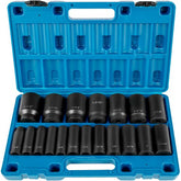 Blue 19-piece 1/2-inch drive deep 6-point impact socket set in molded case.