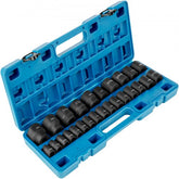 Open 26-piece 1/2 inch metric impact socket set in blue case, sizes 10-36mm.