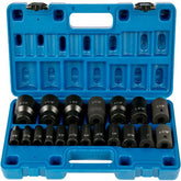 Blue 19-piece 1/2" drive impact socket set in open case with black SAE sockets.