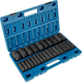 Blue 26-piece 1/2-inch deep impact socket set in open case with black Cr-V 6-point sockets.