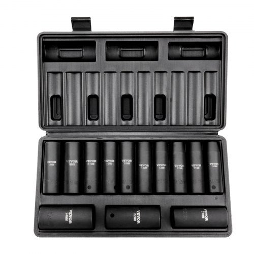 Open black case containing Bostome 13-piece 1/2" drive deep impact socket set in metric sizes 10-24mm.