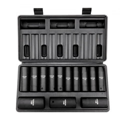 Open black case containing Bostome 13-piece 1/2" drive deep impact socket set in metric sizes 10-24mm.