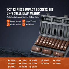 13-piece 1/2-inch drive deep metric impact socket set in CR-V steel, sizes 10-24mm, in storage case.