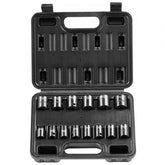Open black case containing 14 metric 3/8-inch drive 6-point impact sockets from 7-20mm.