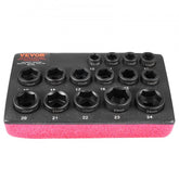 A 15-piece 3/8-inch drive 6-point impact socket set in sizes 10-24 mm, arranged in a black case with red foam lining.
