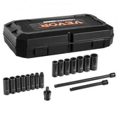 Bostome 18-piece 3/8" drive 6-point impact socket set in black case with sockets and extensions.