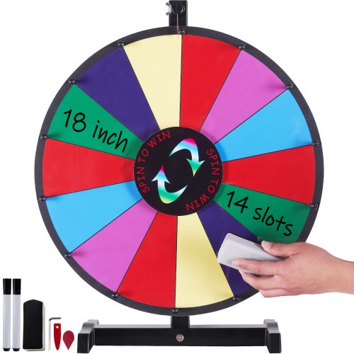 18-inch spinning prize wheel with 14 colorful slots on a tabletop stand, including dry-erase markers and tools.