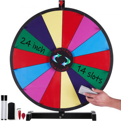 24-inch tabletop spinning prize wheel with 14 colorful slots and included accessories.