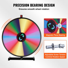 24-inch colorful spinning prize wheel with 14 slots and adjustable screw tension on a tabletop stand