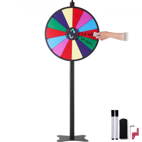 24-inch spinning prize wheel with 14 colorful slots on a black stand, plus dry-erase markers.