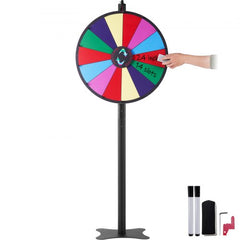 24-inch spinning prize wheel with 14 colorful slots on a black stand, plus dry-erase markers.