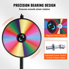 24-inch 14-slot spinning prize wheel with precision bearing design, adjustable tension, and stand.