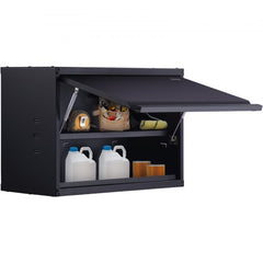 Black metal wall-mounted storage cabinet, 20 inches tall, with open door and shelves holding tools and containers.