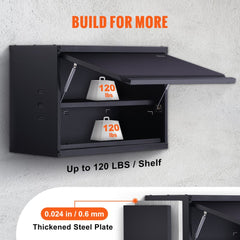 Black 20-inch tall wall-mounted metal storage cabinet with an open top door and two shelves.