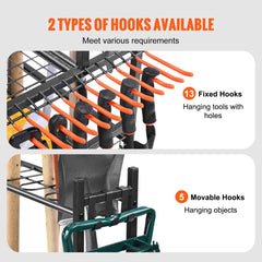Garden tool organizer with 16 slots, 13 fixed hooks, and 5 movable hooks on metal rack.
