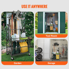 Metal garden tool organizer with 16 slots, hooks, and wheels, shown in garden, tool room, and garage settings.