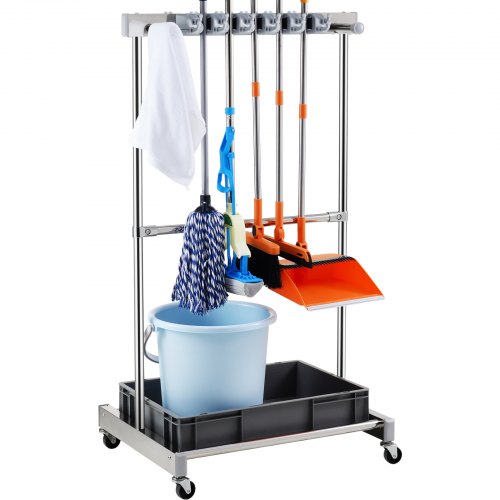 Stainless steel garden tool organizer with 10 slots, 24 hooks, and 4 swivel wheels.