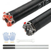 Pair of black garage door torsion springs with red cones, winding bars, gloves, and wrench.