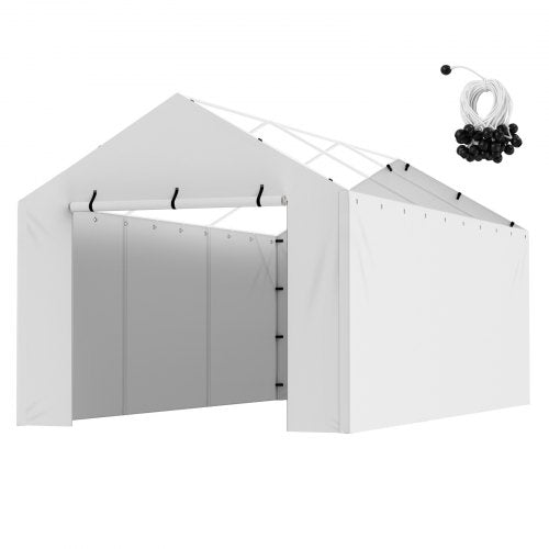 White waterproof 10x20 ft carport side wall canopy with bungee cords.