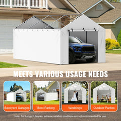 White waterproof 10x20 ft carport canopy cover with side walls enclosing a blue pickup truck.