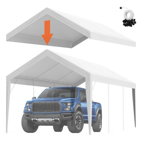 White heavy-duty PE canopy cover for 10x20ft carports with reinforced seams and grommets.