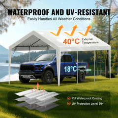 White heavy-duty PE canopy cover for 10x20ft carport frames, featuring reinforced seams.