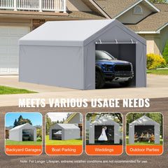White heavy-duty PE canopy cover for 10x20ft carport frames, featuring reinforced seams.