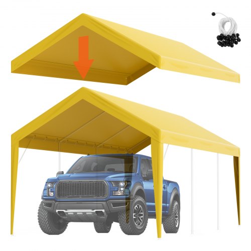 Yellow 10x20 ft carport canopy with waterproof PE tarp covering a blue pickup truck.