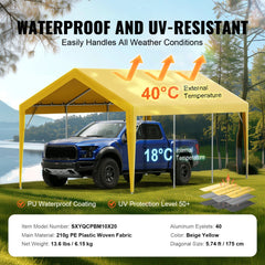 Beige 10x20 ft waterproof PE carport canopy covering a blue truck outdoors.