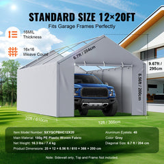 Grey 12x20 ft waterproof PE fabric carport side canopy cover with aluminum eyelets.