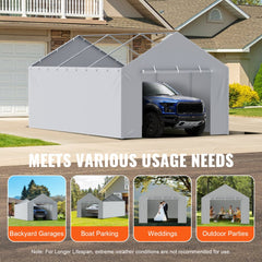 Grey 12x20 ft waterproof PE carport canopy covering a truck in a backyard, with usage panels for boats, weddings, and parties.