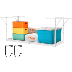 Heavy-duty adjustable steel overhead garage storage rack with hooks for versatile organization.