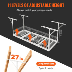 Heavy-duty adjustable steel overhead garage storage rack with two hooks for additional hanging.