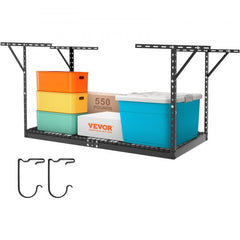 Black adjustable overhead garage storage rack with heavy-duty steel and hooks for hanging items.